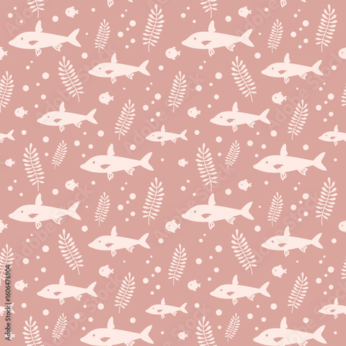 Pink ocean seamless pattern with fish and seaweeds in silhouette style. Cute sea vector background