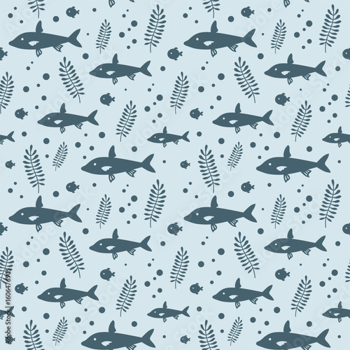 Ocean seamless pattern with fish and seaweeds in silhouette style. Cute sea vector background