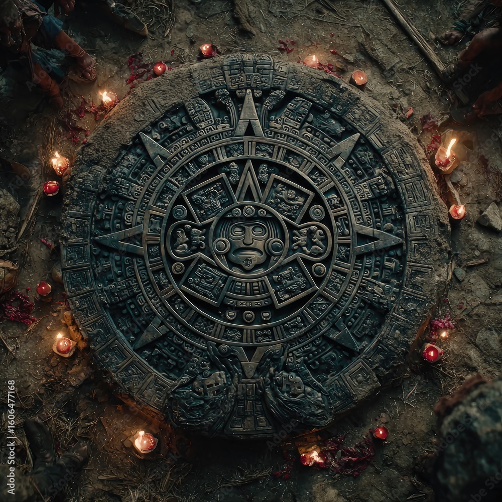 Fototapeta premium Ancient stone calendar surrounded by candles and figures