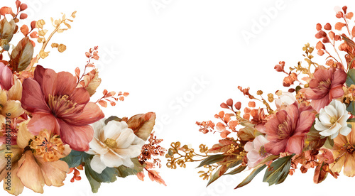 Warm romantic flower border watercolor illustration for autumn design