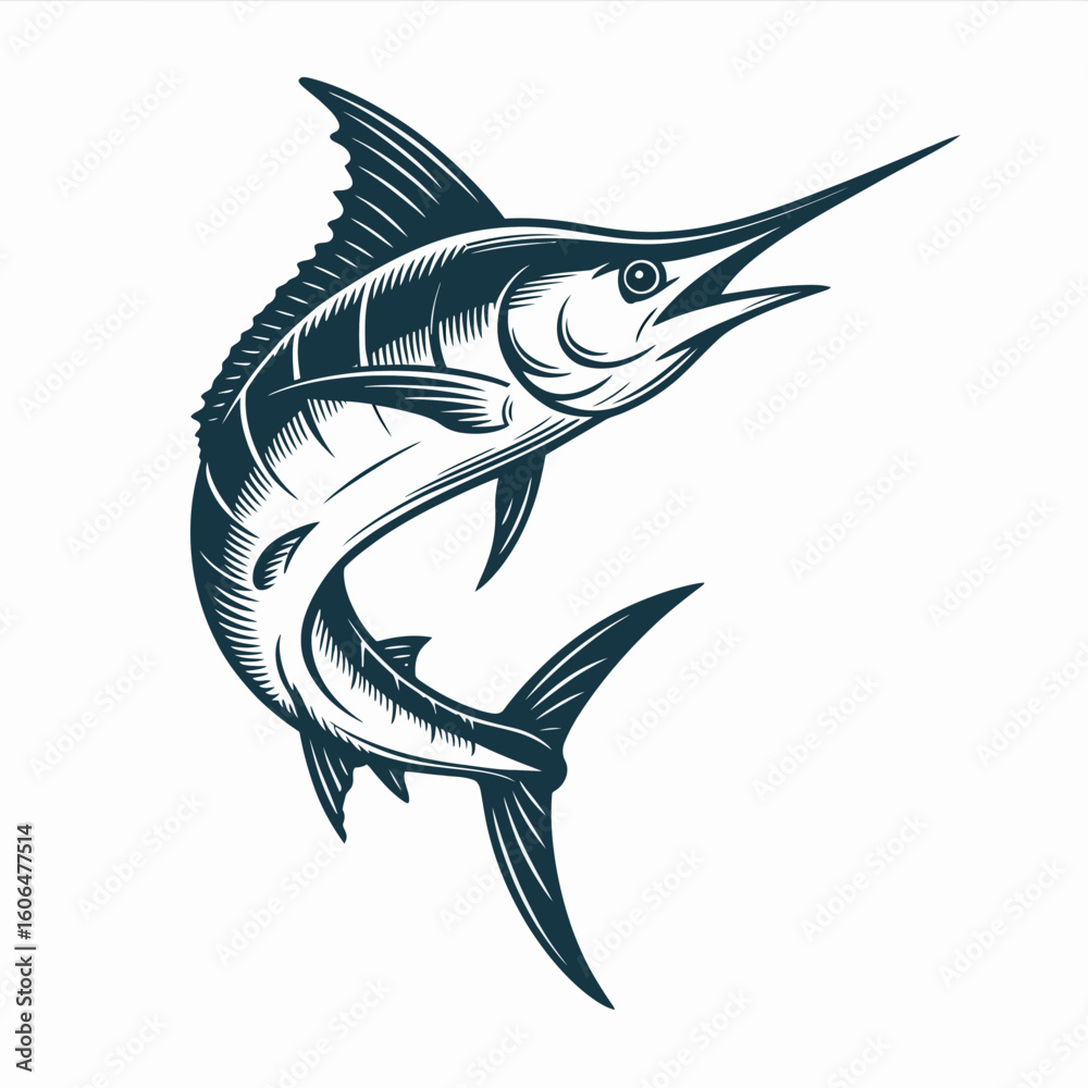 Naklejka premium Marlin Fish Illustration Detailed Jumping Swordfish Vector Art for Fishing and Ocean Themes