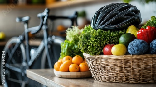 Basket of fresh fruits and vegetables with a bicycle in the background.