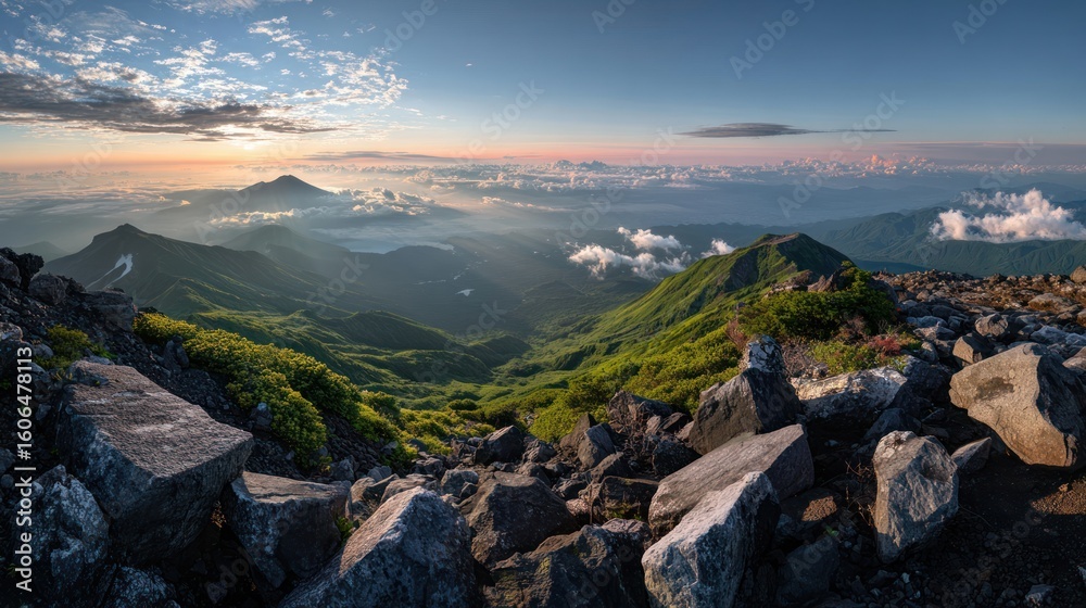 Naklejka premium Panoramic mountain vista at dawn. Vast landscape of jagged peaks, valleys, and clouds. Lush green slopes and scattered rocks. Sunrise hues paint the sky