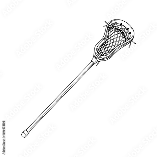 Minimalist Black and White Line Art of Lacrosse Stick with Netted Head – Angled Sports Equipment Vector Illustration