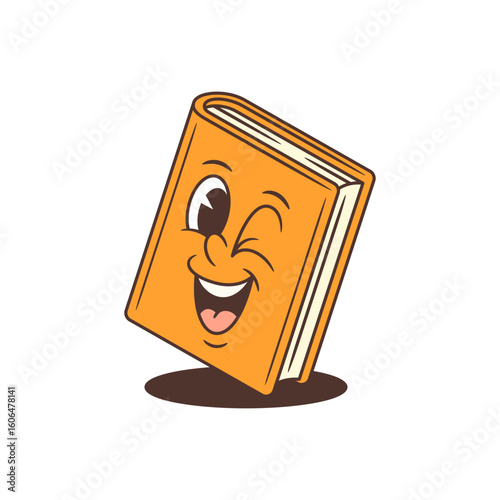 Bright orange cartoon book mascot with one eye winking and a wide open-mouthed smile showing enthusiasm. Slightly tilted dynamic pose with visible cream-colored pages and subtle shadow for depth
