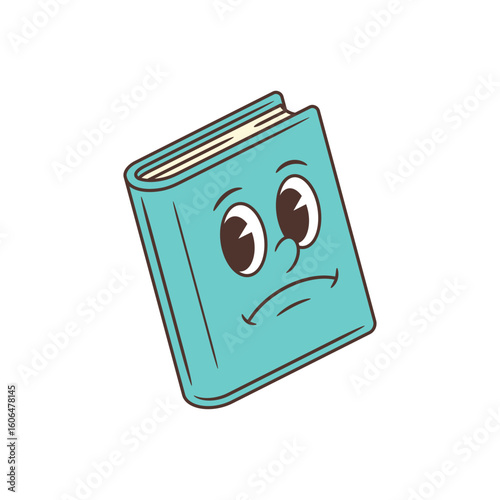 Light blue book character with a tilted pose and expressive sad face including downturned eyes and a frowning mouth. Ideal for children education, emotional awareness, or storytelling projects
