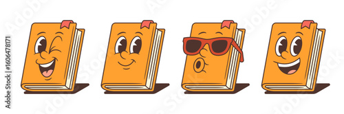 Orange book mascots with expressive faces showing playful, calm, cool, and joyful moods. Bold outlines and cartoon style create engaging characters ideal for educational and children media projects