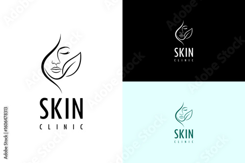 woman's face and her cheek forming with leaf vector illustration, logo for skin specialist, facial clinic, healthy skin, dermatologist, skin clinic, cosmetics, beauty clinic, skin wellness, and more