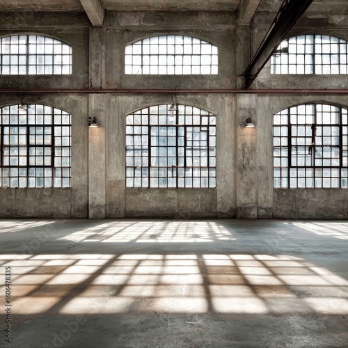 Industrial loft interior with large windows