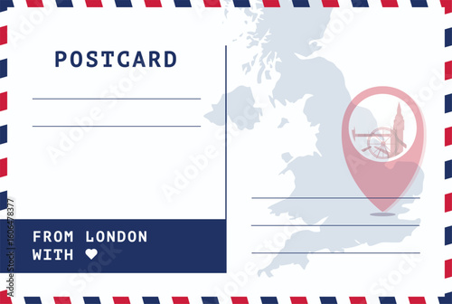 From London, England postal card template. Vector postcard illustration with landmark, UK map, message place. Simple flat greetings image layout