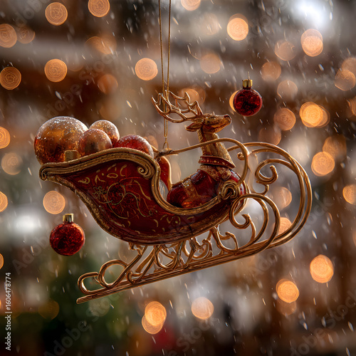 Holiday sleigh ornament decorated with colorful baubles and set against a backdrop of soft glowing lights during winter festivities