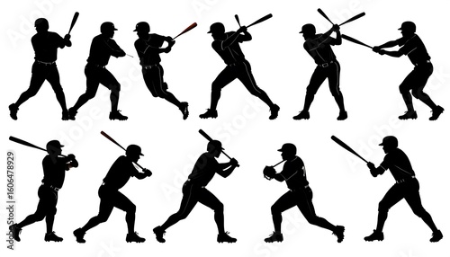 Dynamic black silhouettes of baseball players in diverse action poses on white backdrop