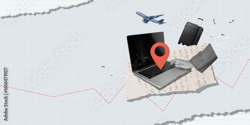 Business travel planning with laptop and travel essentials. Vector illustration
