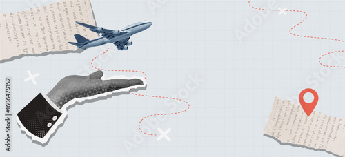 Business travel planning with an airplane and location markers. Vector illustration