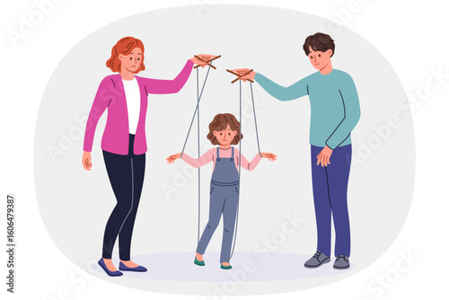 Bad parents manipulate child using strings of puppeteers to raise unhappy daughter. Married couple manipulate kid, causing negative impact on psyche and destroying little girl future.