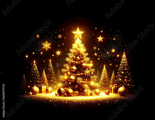 Golden Christmas scenery illustration on dark background with many decorative branches, decorations, stars.