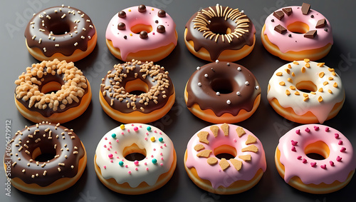 Twelve Varied Glazed Donuts on Dark Background - Layout D