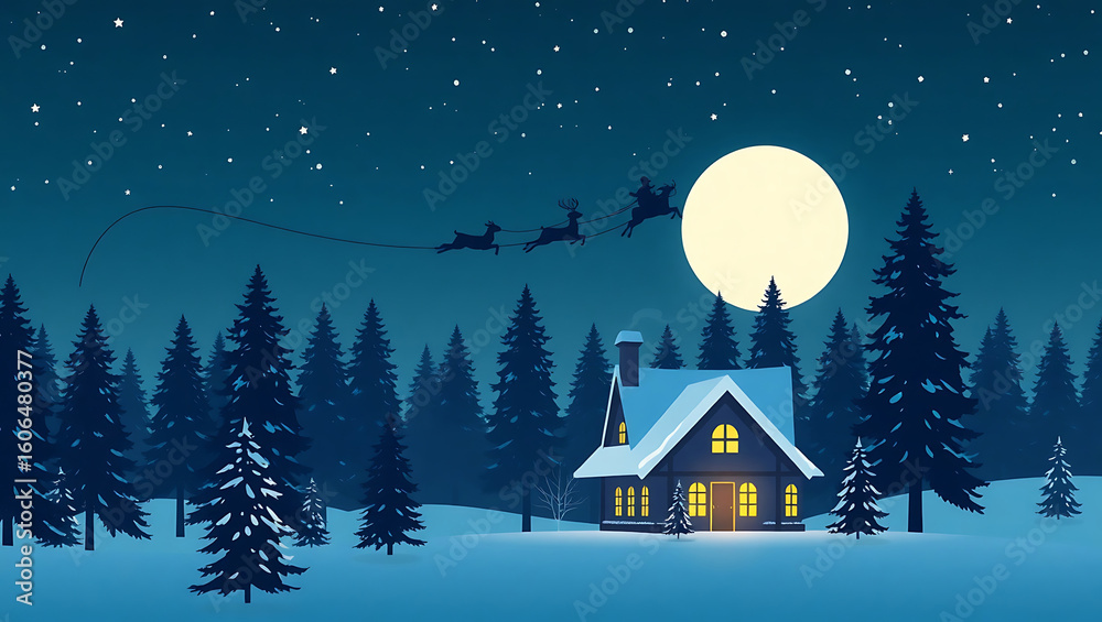 Fototapeta premium Cozy cabin under a full moon with santa s sleigh