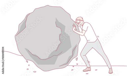 An illustration of a determined man pushing a heavy boulder uphill, symbolizing struggle and perseverance.