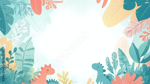 Fototapeta Naklejka Na Ścianę i Meble -  Colorful illustration of dinosaurs in a lush jungle.