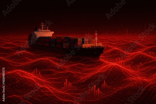 A tariff dispute can strain international trade relations. A cargo ship sails through a digital red ocean of data waves and bar graphs,