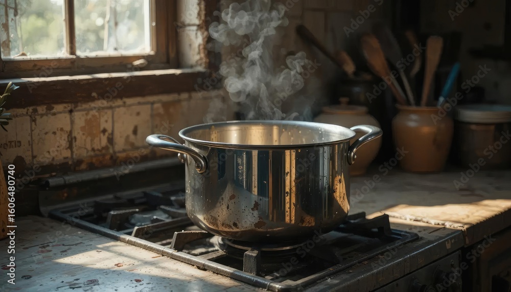 Detailed view of a cast iron pot with a wooden handle, simmering on a gas stove in a well-equipped kitchen Detailed view of a cast iron pot with a wooden handle, simmering on a gas stove in a well-equipped kitchen