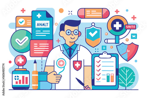 Professional conducting a preventive health check-up with medical documents and supplies in a modern healthcare setting