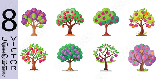 Eight Colorful Flat-Style Fruit Trees: Apples, Plums, Orchard Illustration, Vector Graphic