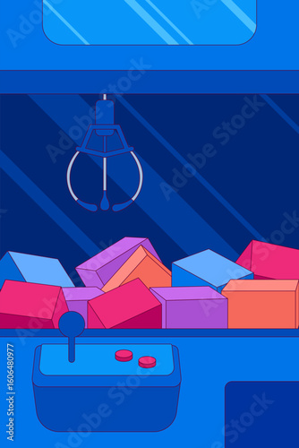 A blue-themed claw machine filled with colorful geometric blocks, with a joystick and control buttons at the front.