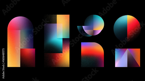 A series of colorful shapes are shown in a black background