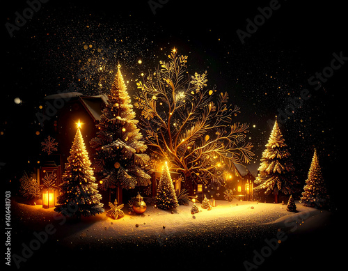 Golden Christmas scenery illustration on dark background with many decorative branches, decorations, stars.