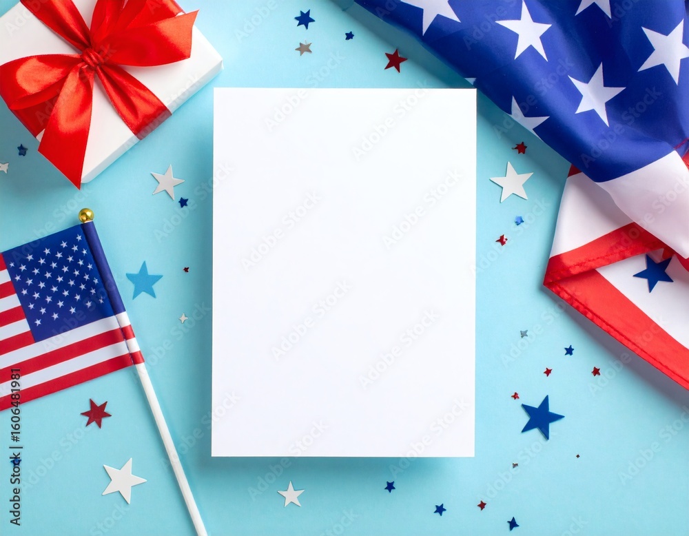 Obraz premium Composition featuring an American flag, gift box, blank card, and festive stars on a blue surface.
