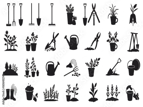 A set of black and white silhouette icons depicting various gardening tools and activities.