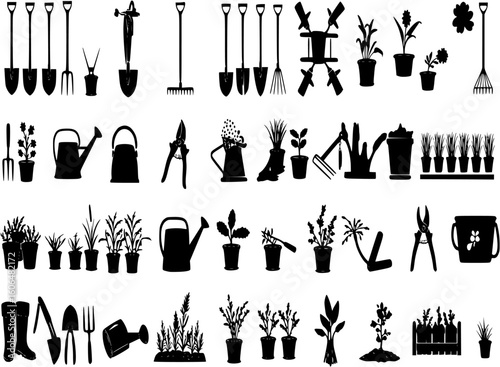 A set of black and white silhouette icons depicting various gardening tools and activities.