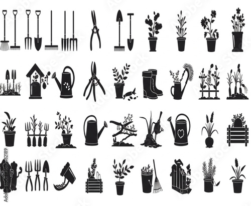 A set of black and white silhouette icons depicting various gardening tools and activities.