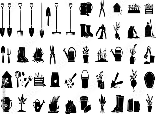A set of black and white silhouette icons depicting various gardening tools and activities.