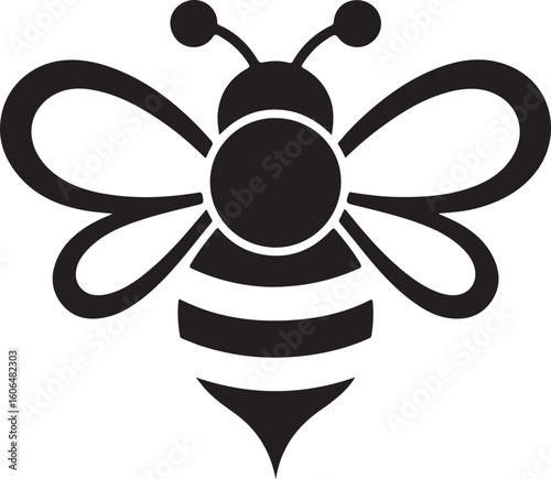 Stylized black bee with striped abdomen and wings insect white