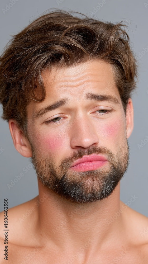 Fototapeta premium European Man with Makeup Stains Displaying Sadness Against a Gray Background