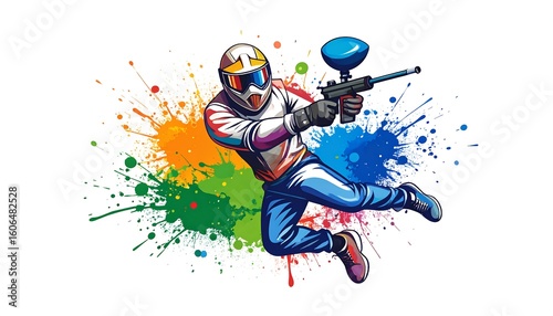 Action shot of a paintball player in mid-air