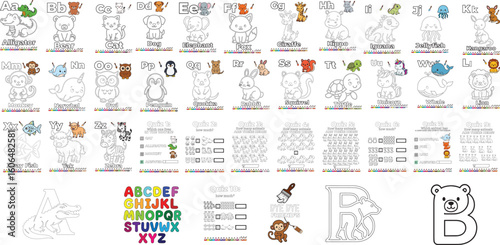 "ABC Animal Alphabet Coloring Worksheets for Kids – Learn Letters with Cute Animals" set vector