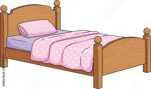 Cozy wooden bed with pink polka dot bedding and striped pillow for sweet dreams