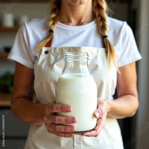 Ads branding banner for natural organic milk from her own farm. Young blond woman in white apron with pigtails holds a glass jar of fresh milk. Country milk. 