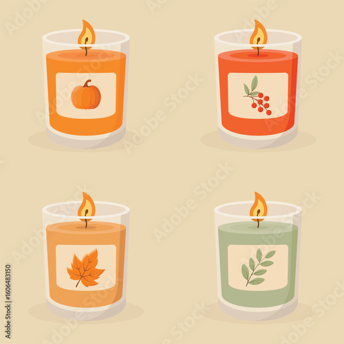 Set of autumn scented candles. Fall season vectors illustration.