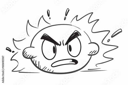 Cartoon Angry Face Expression with Exclamation Marks Hand Drawn Vector Illustration of a Furious Character with Sharp Lines and Bold Features conveying Anger and Frustration