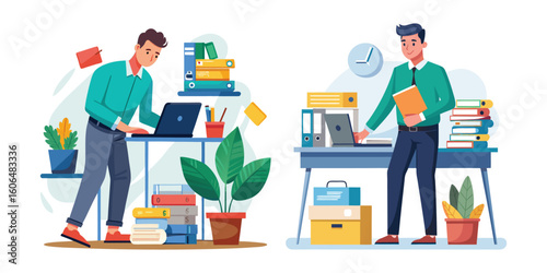 Focused Office Worker Organizing Documents and Folders on Desk – Productivity Concept Illustration in Clean Vector Style, Perfect for Business, Office, and Workflow Themes