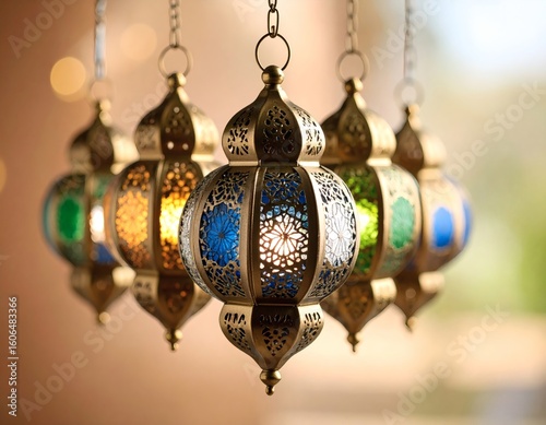 A group of ornate, colorful, metal, hanging lanterns with intricate designs are suspended in front of a blurred background.