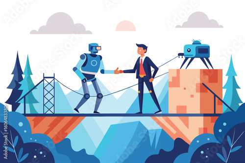 Man and artificial intelligence collaborate to build a business bridge in a futuristic landscape with mountains and forests