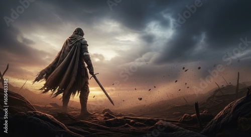 A lone warrior stands on a desolate battlefield, sword raised, facing a stormy horizon