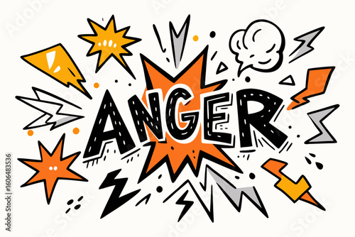 Dynamic hand drawn illustration of the word ANGER with lightning bolts stars and a speech bubble conveying a sense of intense emotion and energy in