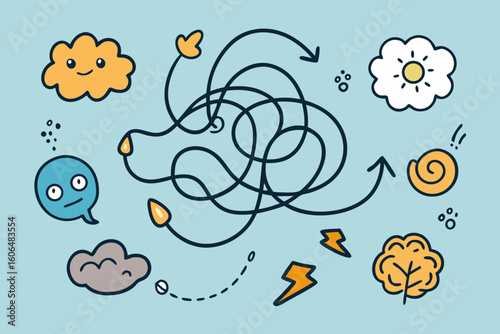 Illustration of a complex path or maze with cute cartoon elements representing problem solving confusion or a difficult journey with a playful and whimsical style